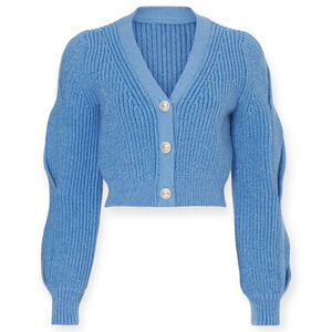 Derek Lam 10 Crosby Marcelyn Twisted Sleeve Cropped Cardigan Blue Size Medium